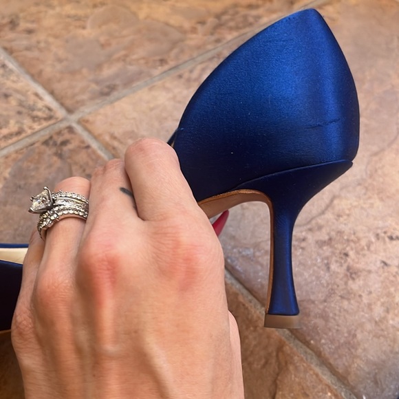 Badgley Mischka D’Orsay Kitten Heels Blue Satin Pointed Toe Crystal Accent 7 - Picture 10 of 11